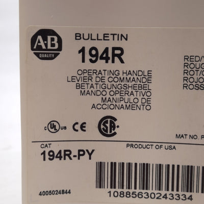 New Allen Bradley 194R-PY Disconnect Switch Rotary Handle, Padlockable, Red/Yellow