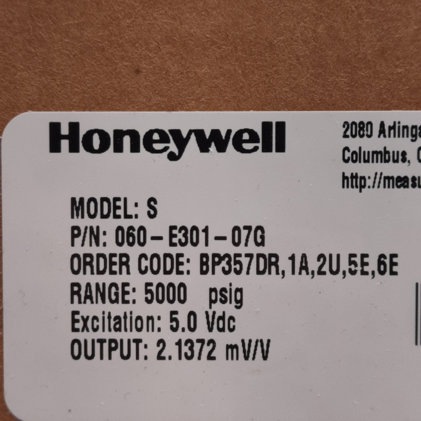 New Honeywell 060-E301-07G Model S Pressure Transducer, 5000PSIG, 5VDC, 2mV/V
