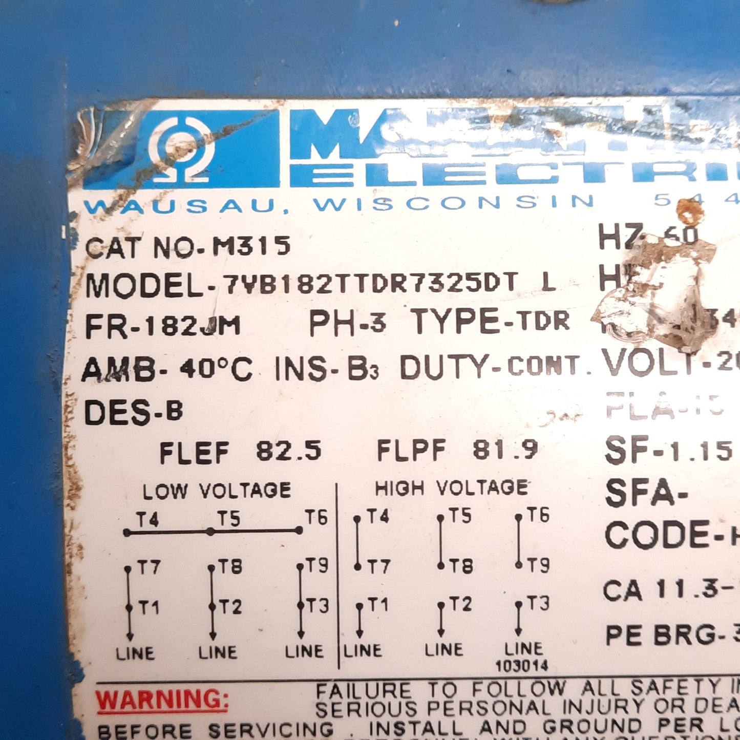 Used Marathon Electric 7VB182TTDR7325DT Electric Pump, 3PH 208-230/460VAC, NEMA 182T