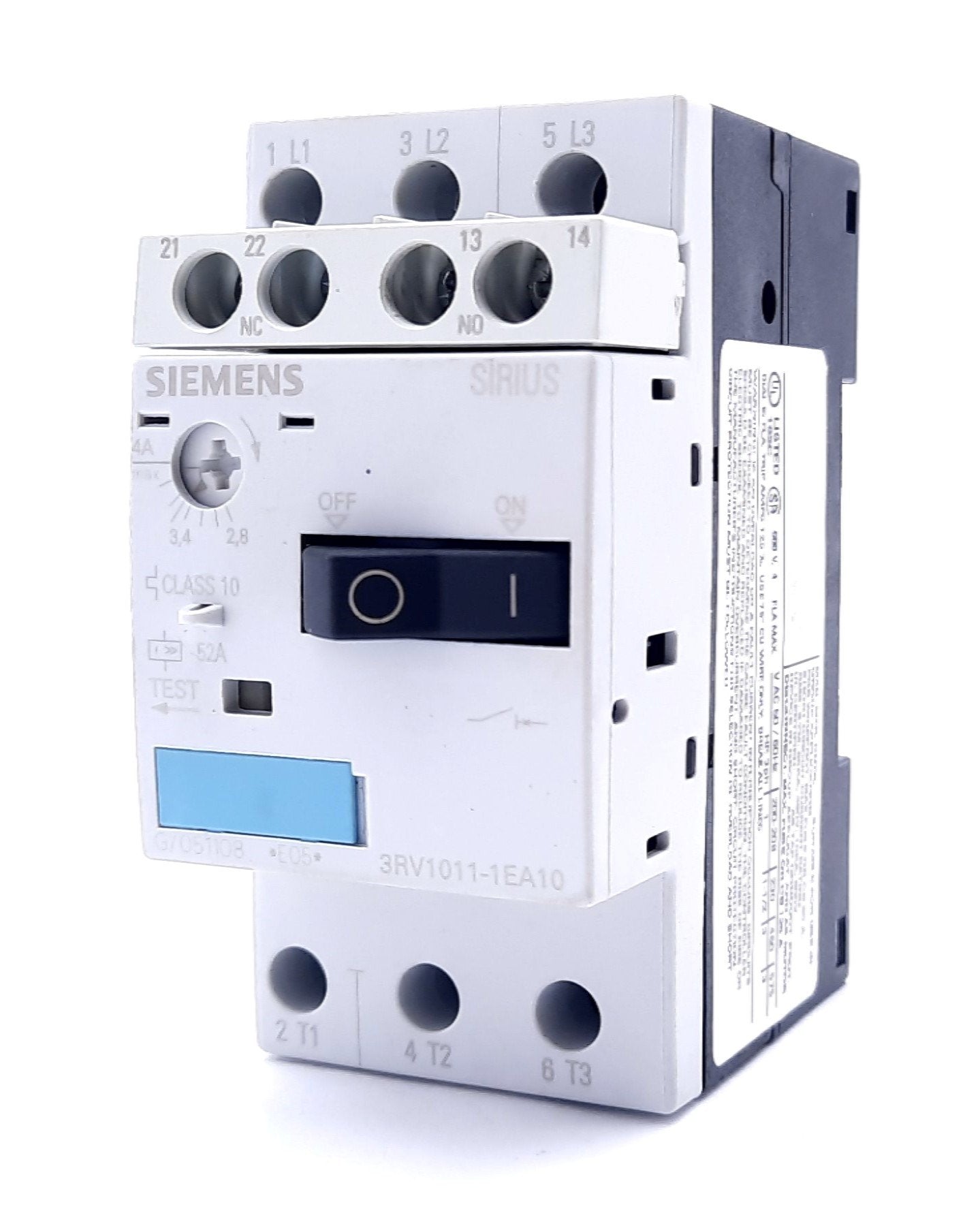 Used Siemens 3RV1011-1EA10 Circuit Breaker, 3-Pole, 2.8-4A, 690VAC DIN Rail Mount