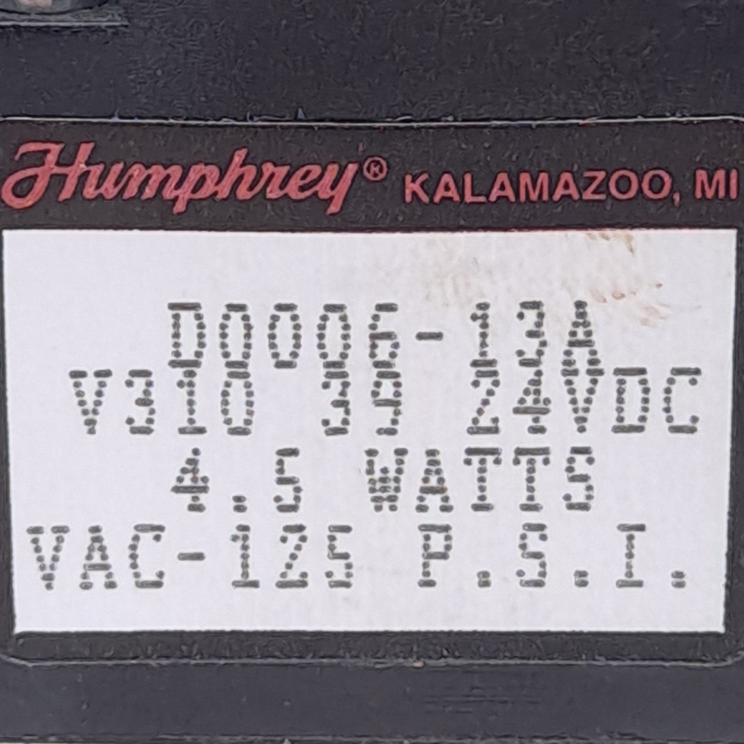 Used Humphrey V3103924VDC Solenoid Valve, 1/8" NPSF, Vacuum to 125psi, 24VDC Coil