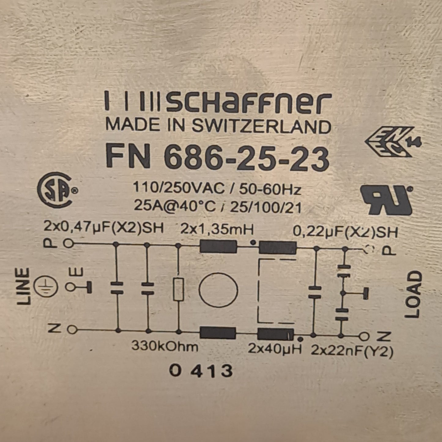 Used Schaffner FN686-25-23 EMI Power Line Filter, 250VAC, 25A, Chassis Mount