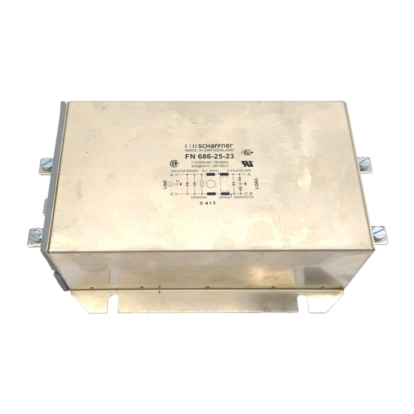 Used Schaffner FN686-25-23 EMI Power Line Filter, 250VAC, 25A, Chassis Mount