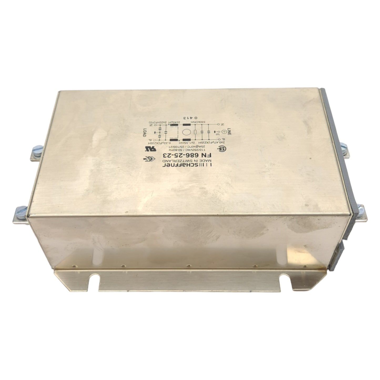 Used Schaffner FN686-25-23 EMI Power Line Filter, 250VAC, 25A, Chassis Mount