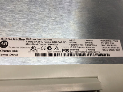 Used Allen Bradley 2097-V33PR5 Kinetix 300 Ethernet/IP Servo Drive 2kW 120/240VAC 3PH