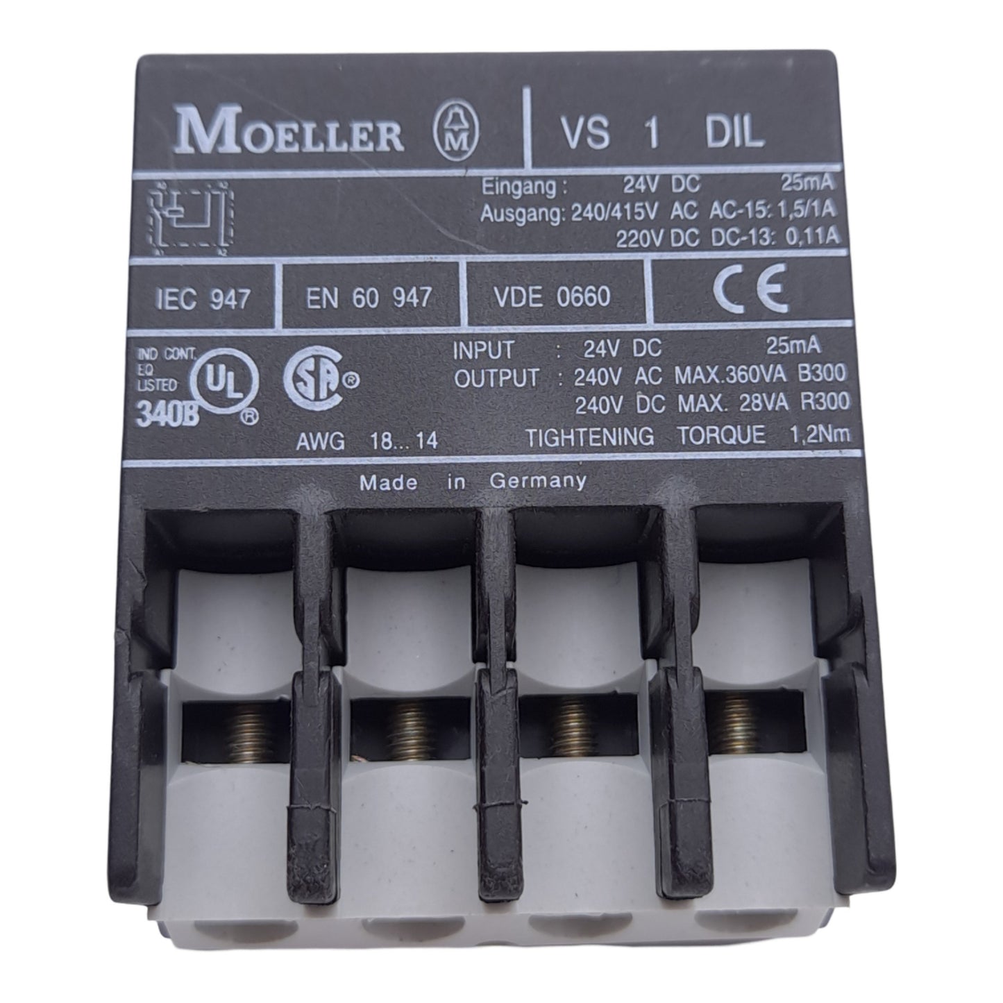 Used Moeller VS1DIL Amplifier Module, 24VDC In, 240VAC/DC Out, For DILR Relays