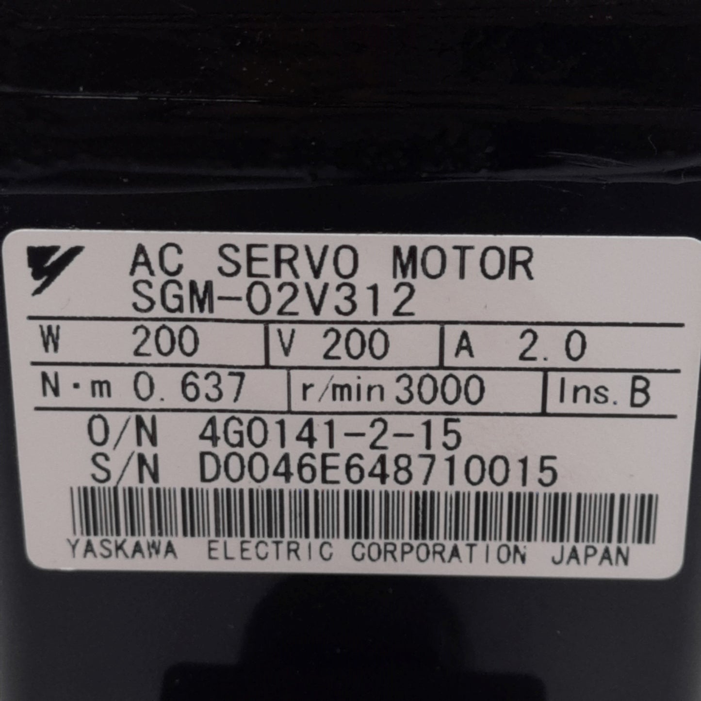 Used Yaskawa SGM-02V312 Servo Motor 200VAC 2A, 200W, 3000RPM, ø14mm Shaft, 60mm Frame