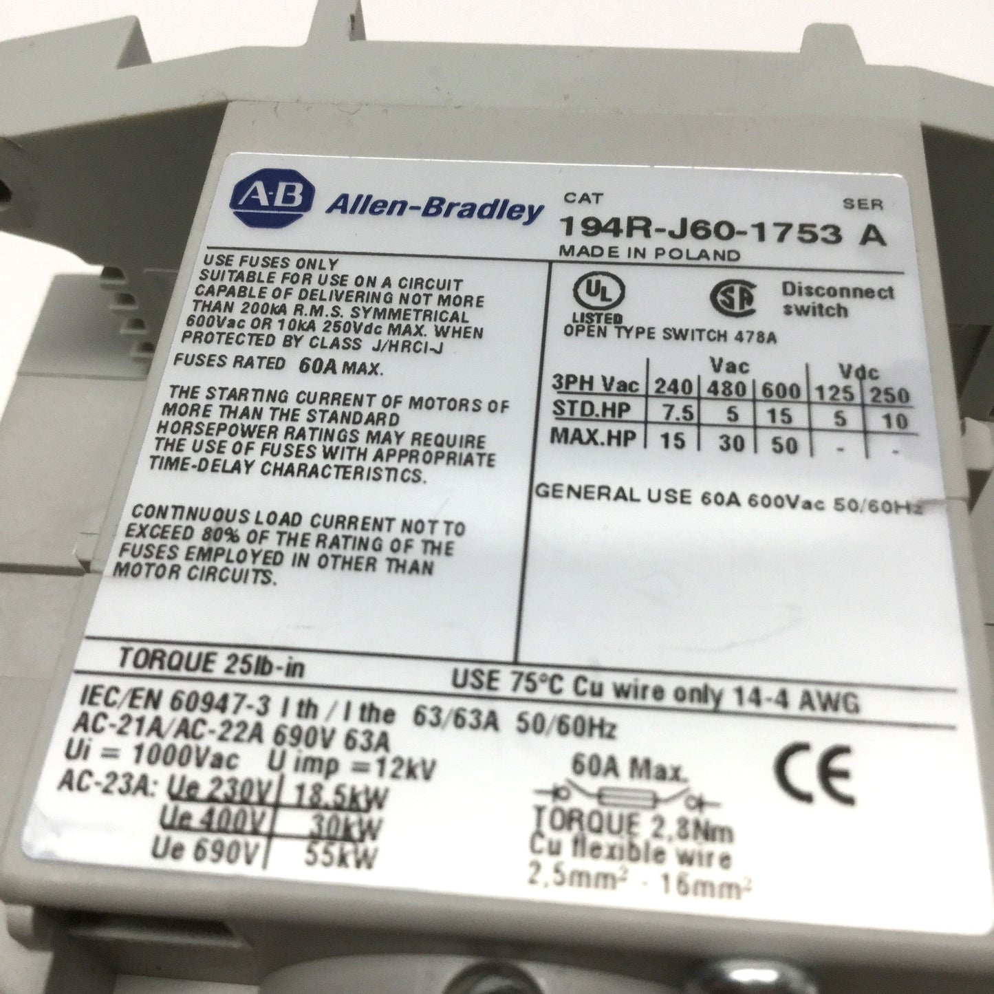 Used Allen Bradley 194R-J60-1753 Fused Rotary Disconnect Switch 3-Pole 60A 600VAC