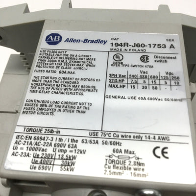 Used Allen Bradley 194R-J60-1753 Fused Rotary Disconnect Switch 3-Pole 60A 600VAC