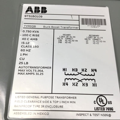 Used ABB 9T51B0109 Buck Boost Transformer 0.75kVA 120/240V 1PH 60Hz Pri, 12/24V Sec