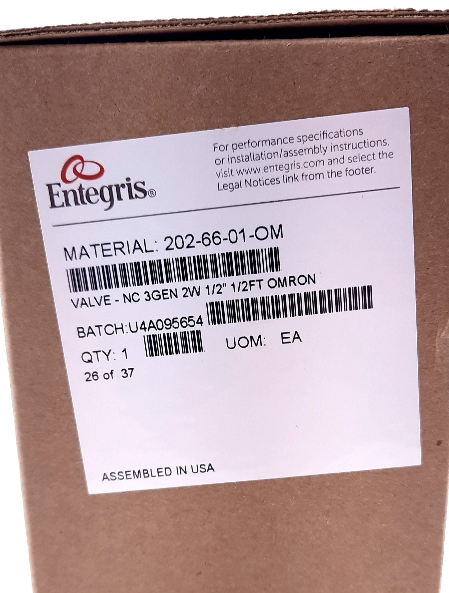 New Entegris 202-66-01-OM Pneumatic Valve-Integra 1/2" 2 Way Flaretek Flared Tube