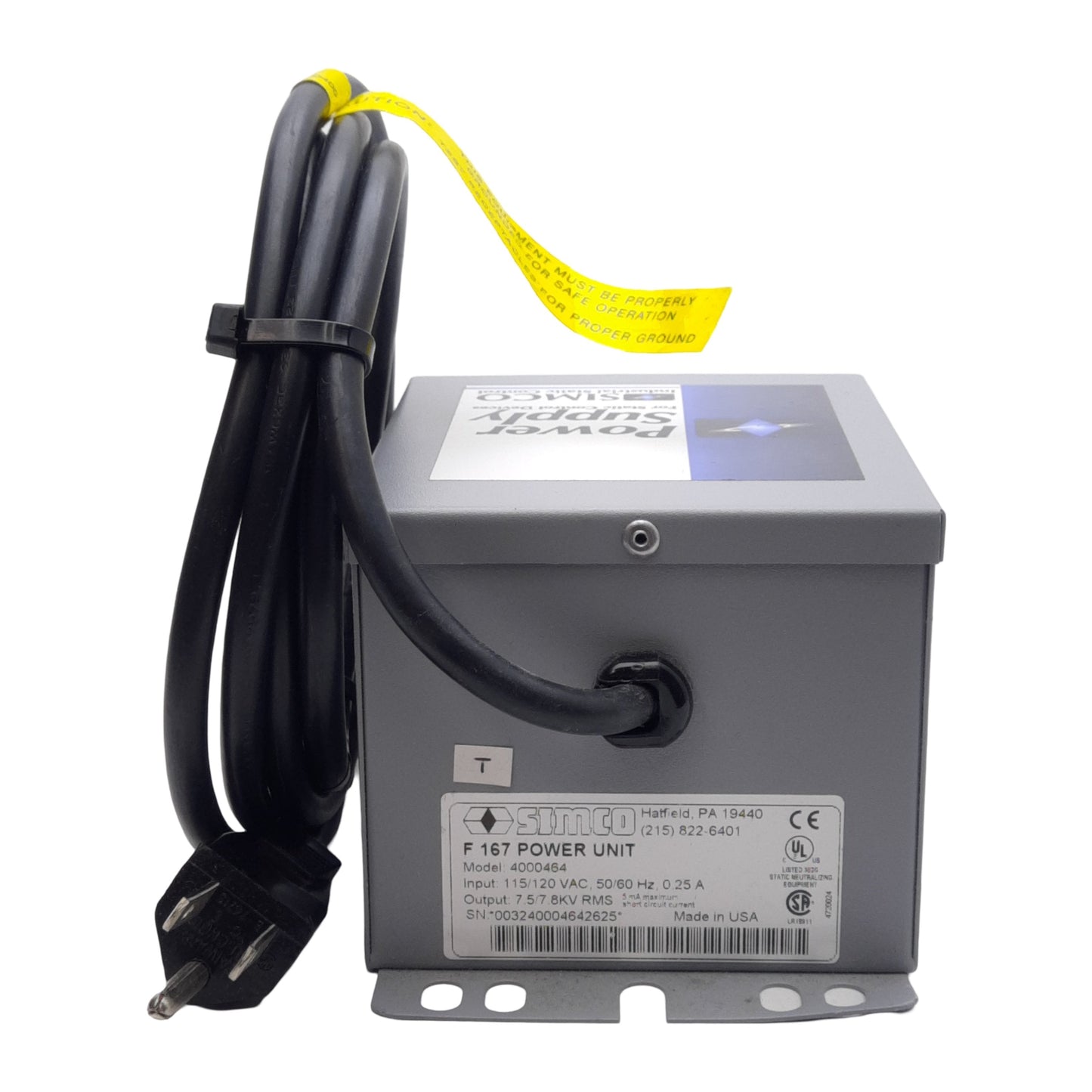 Used SIMCO 4000464 Power Supply For Static Control Devices 120VAC Input, 7.8kV Output