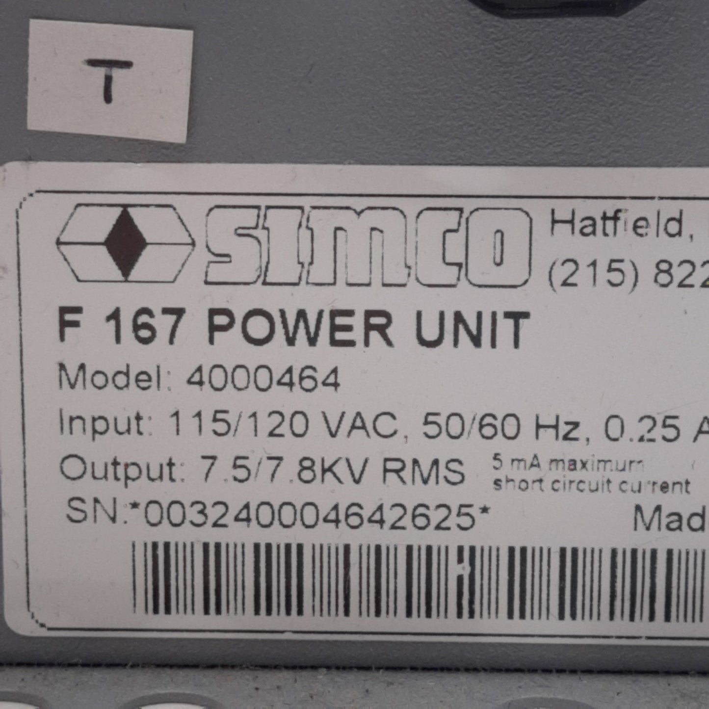 Used SIMCO 4000464 Power Supply For Static Control Devices 120VAC Input, 7.8kV Output