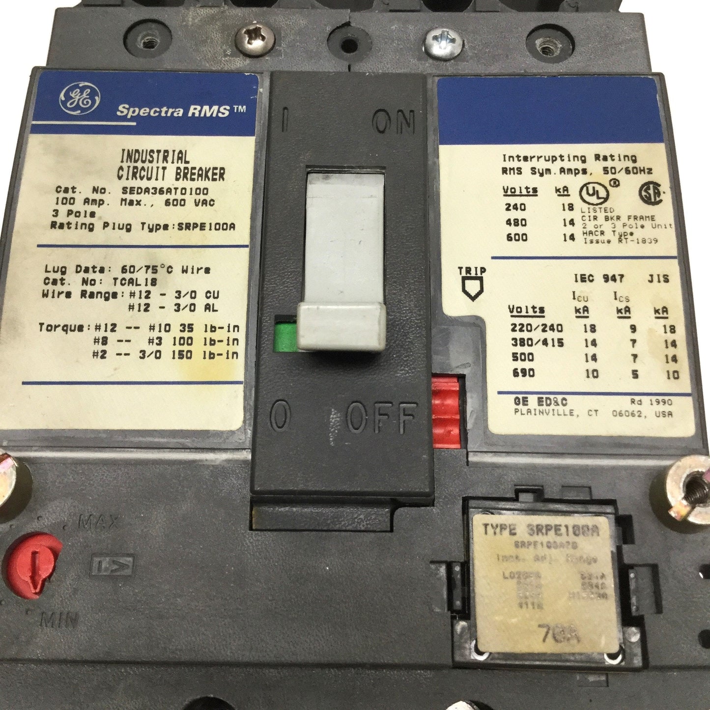 Used GE SEDA36AT0100 Spectra RMS Industrial Molded Case Circuit Breaker, 100A, 600VAC