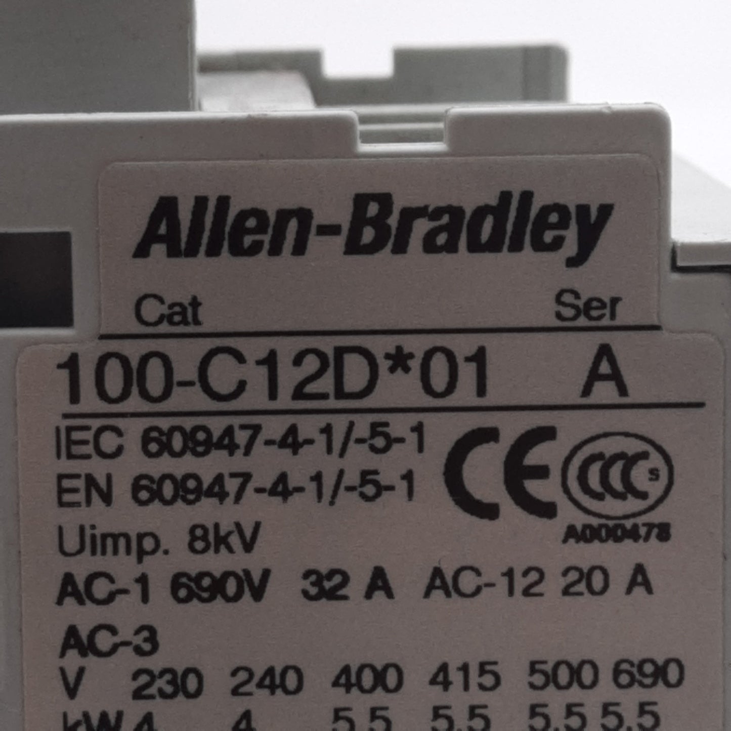 Used Allen Bradley 100-C12DJ01 IEC Contactor, 3-Pole, 12A 690VAC, 1NC Aux, 24VDC Coil