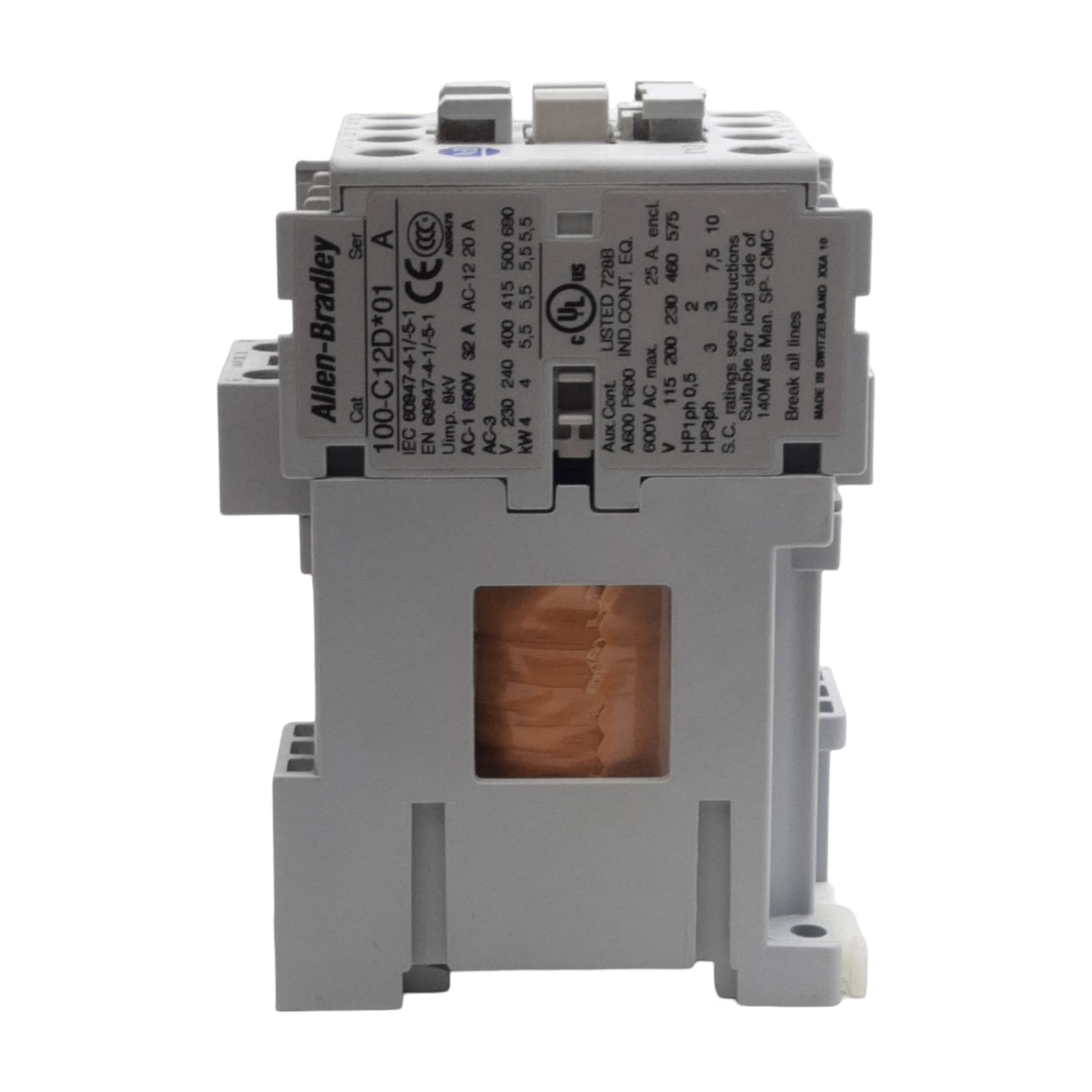 Used Allen Bradley 100-C12DJ01 IEC Contactor, 3-Pole, 12A 690VAC, 1NC Aux, 24VDC Coil