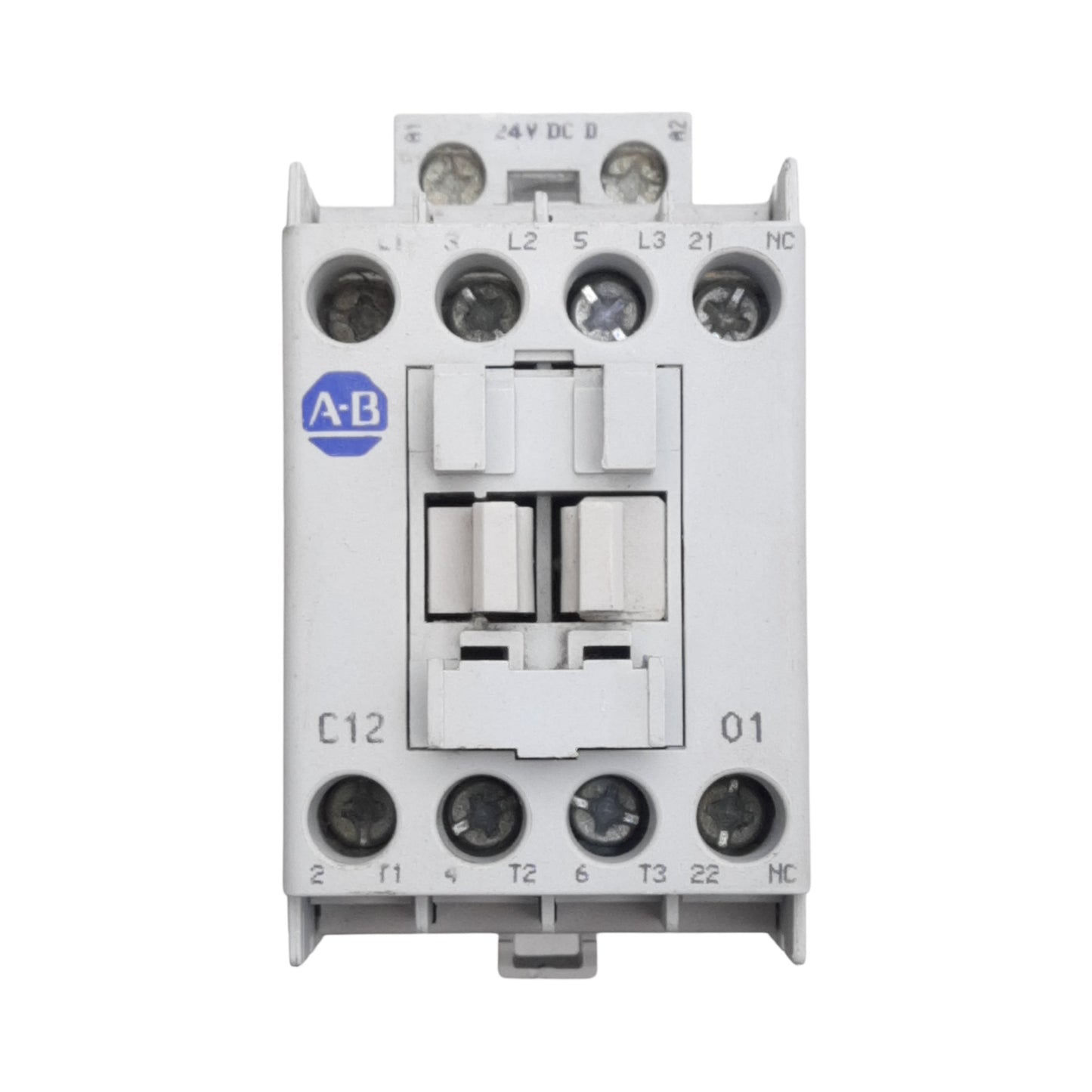 Used Allen Bradley 100-C12DJ01 IEC Contactor, 3-Pole, 12A 690VAC, 1NC Aux, 24VDC Coil