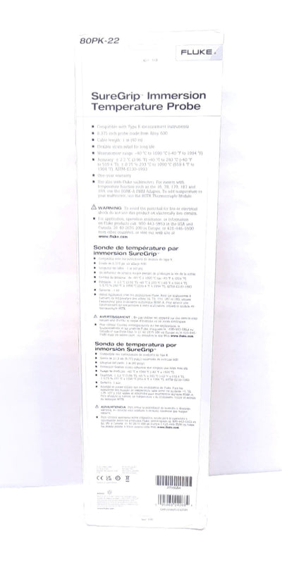 New Fluke 80PK-22 Immersion Temperature Probe Type-K Thermocouple 8.375" Probe