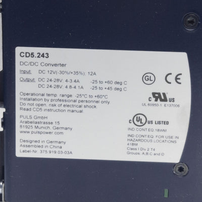 New Puls Power CD5.243 DC to DC Converter, In: 12VDC, Out: 24-28VDC 4A 96W