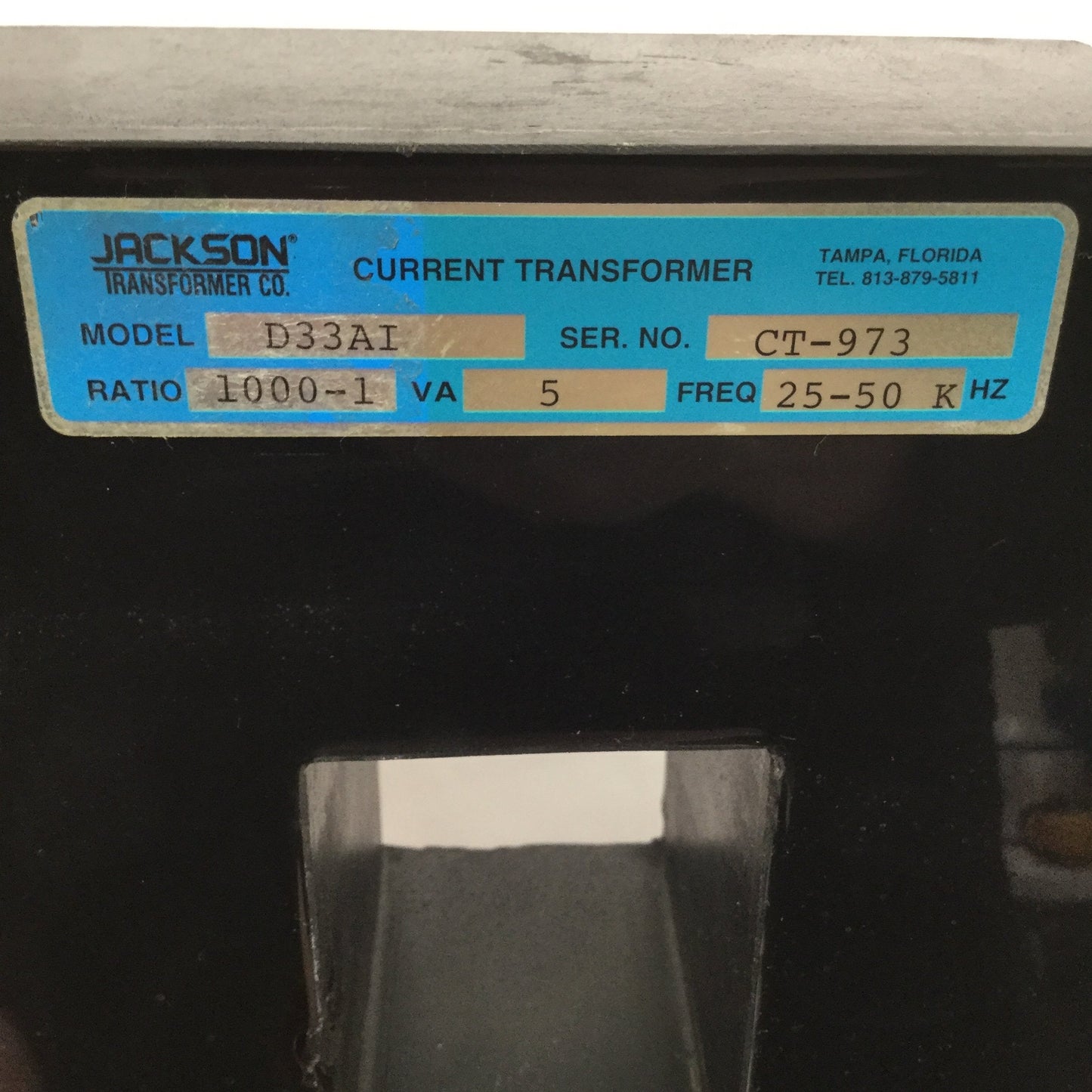Used Jackson D33AI Current Transformer 1000:1 Ratio, 5VA, 25-50kHz, 2" x 3" Window