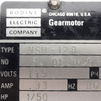 Used Bodine Electric NSH-12B Right Angle Gearmotor, 115V DC 0.33A, 6:1, 288RPM