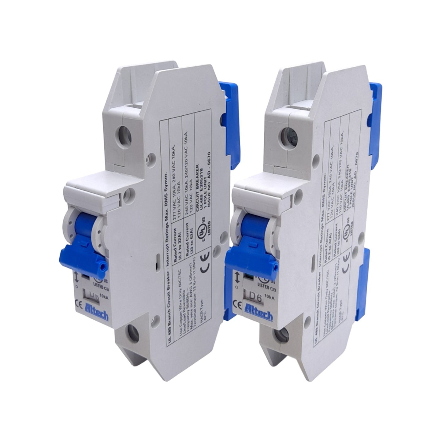 New – Open box Lot of 2 Altech Corp 1DU6L Circuit Breakers, 1-Pole, 6A, 277VAC, DIN Rail