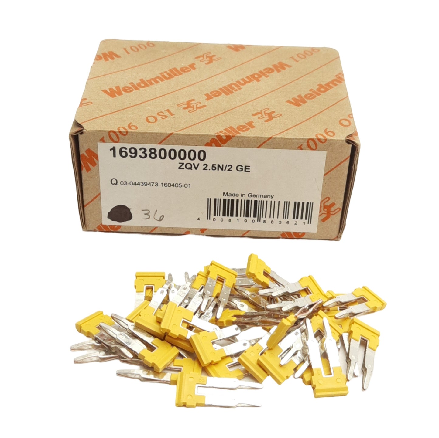 New Lot of 36 Weidmuller ZQV 2.5N/2 GE W-Series Cross Connectors, 2-Pole, 24A Rating