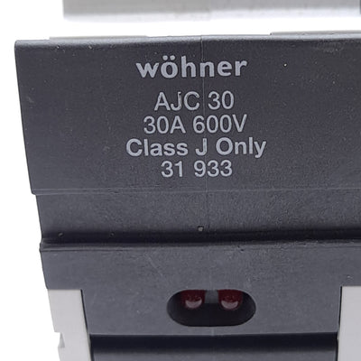 New – Open box Wohner 31933 Fuse Holder, Class J, 2-Pole, 30A, 110-600VAC/DC, DIN Rail
