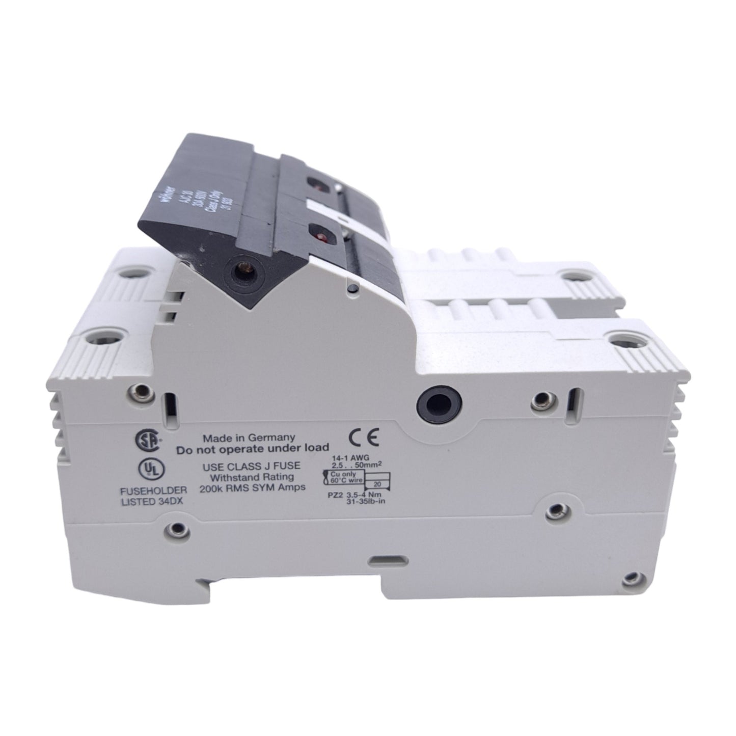 New – Open box Wohner 31933 Fuse Holder, Class J, 2-Pole, 30A, 110-600VAC/DC, DIN Rail
