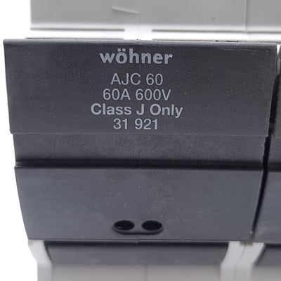New – Open box Wohner 31921 Fuse Holder, Class J, 2-Pole, 60A, 600VAC/DC, DIN Rail, 14-1/0 AWG