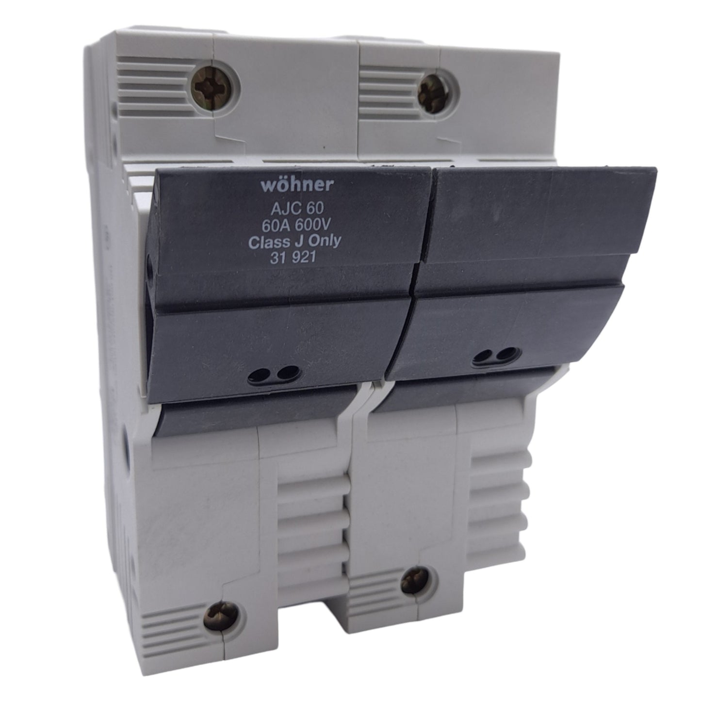 New – Open box Wohner 31921 Fuse Holder, Class J, 2-Pole, 60A, 600VAC/DC, DIN Rail, 14-1/0 AWG