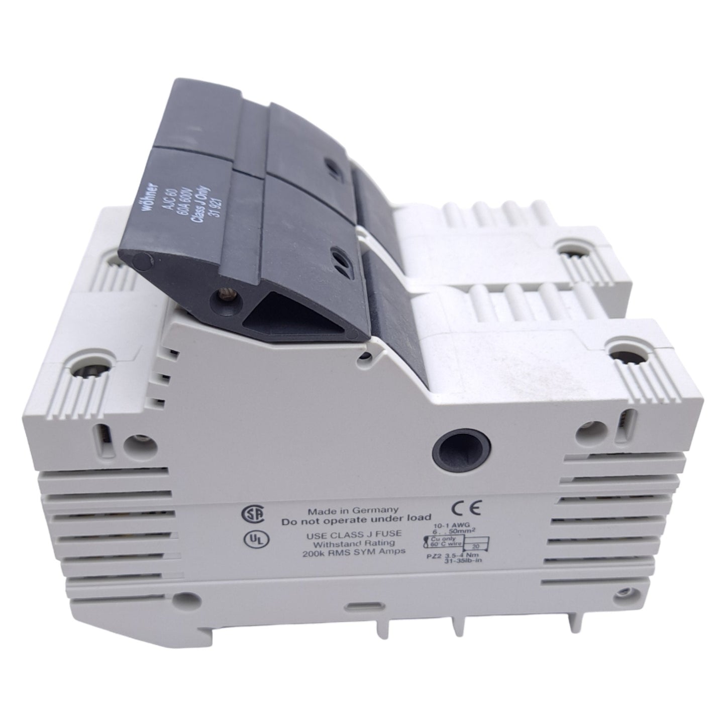 New – Open box Wohner 31921 Fuse Holder, Class J, 2-Pole, 60A, 600VAC/DC, DIN Rail, 14-1/0 AWG