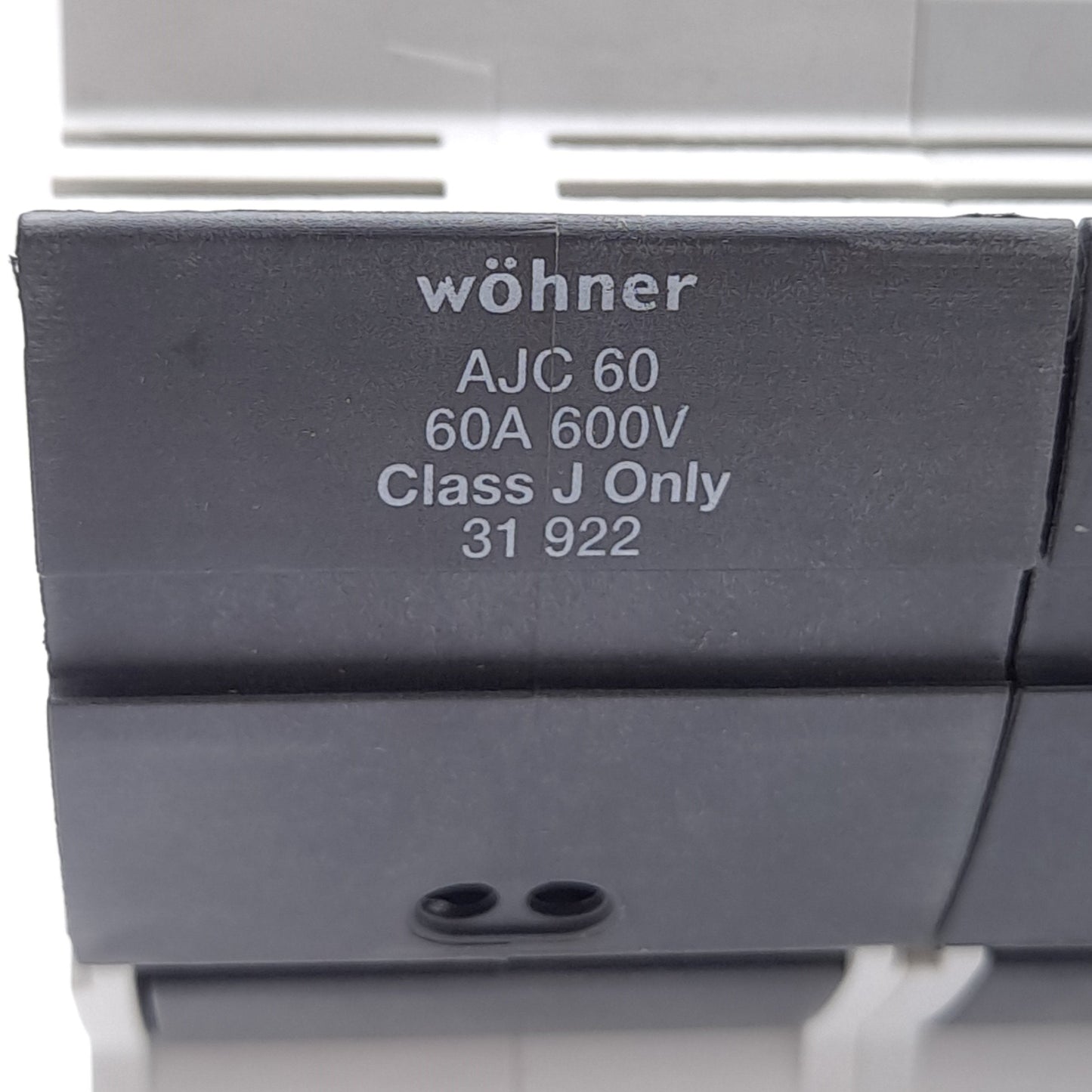 New – Open box Wohner 31922 Fuse Holder, Class J, 3-Pole, 60A, 600VAC/DC, DIN Rail, 14-1/0 AWG