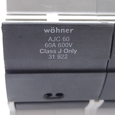 New – Open box Wohner 31922 Fuse Holder, Class J, 3-Pole, 60A, 600VAC/DC, DIN Rail, 14-1/0 AWG