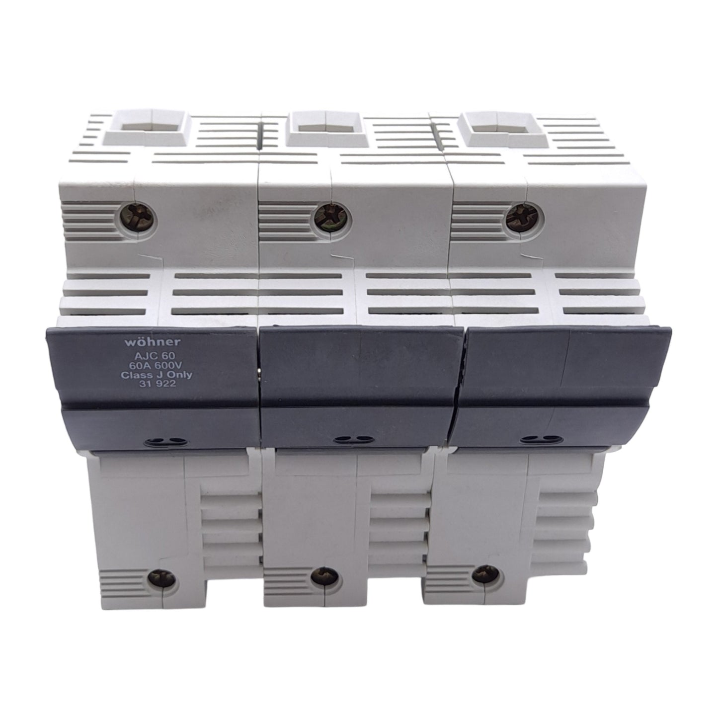 New – Open box Wohner 31922 Fuse Holder, Class J, 3-Pole, 60A, 600VAC/DC, DIN Rail, 14-1/0 AWG