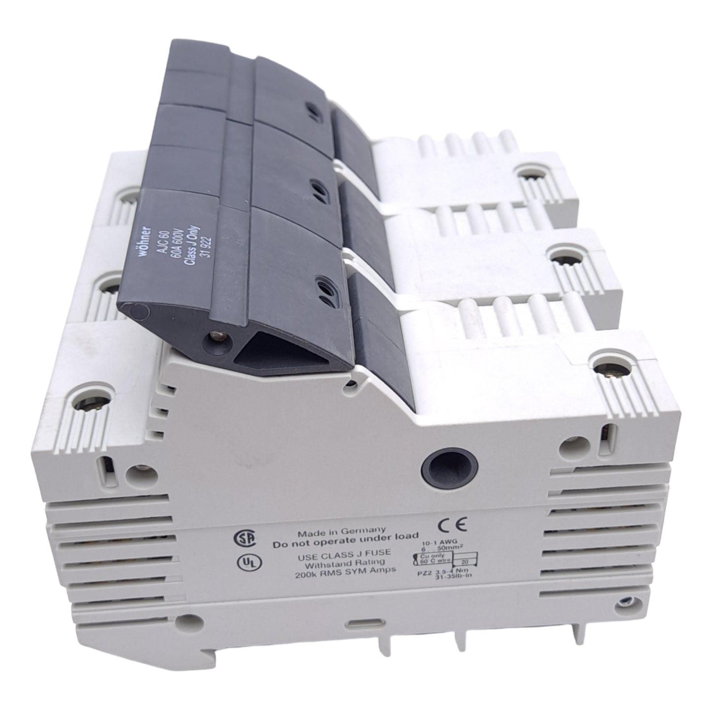 New – Open box Wohner 31922 Fuse Holder, Class J, 3-Pole, 60A, 600VAC/DC, DIN Rail, 14-1/0 AWG