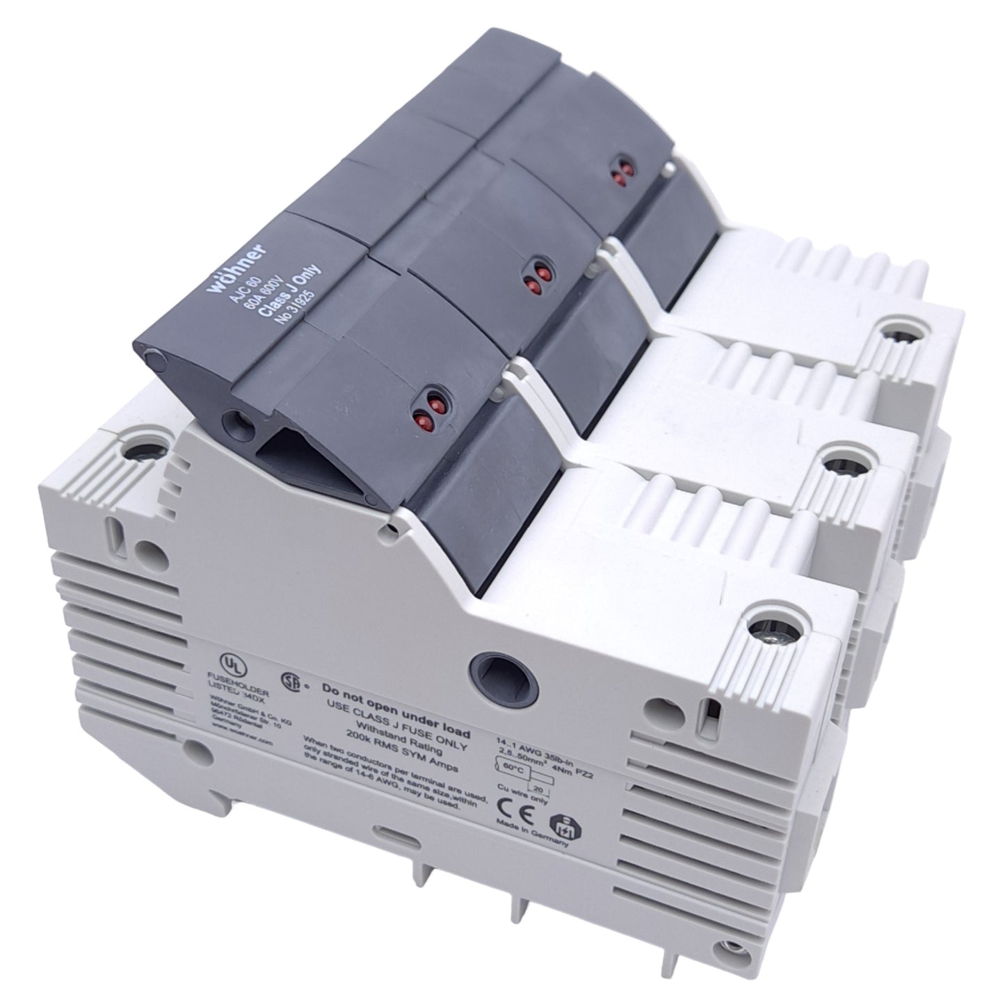 New – Open box Wohner 31925 Fuse Holder, Class J, 3-Pole, 60A, 110-600VAC/DC, DIN Rail