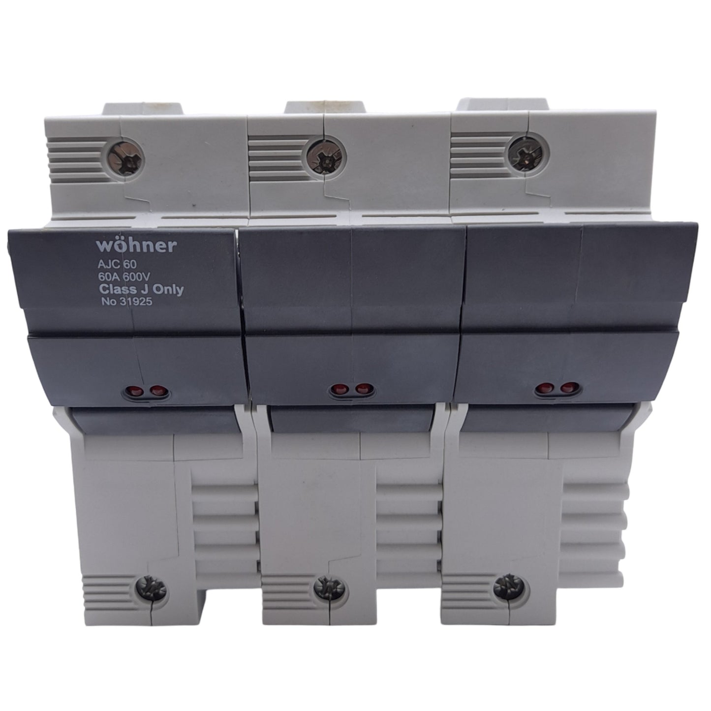 New – Open box Wohner 31925 Fuse Holder, Class J, 3-Pole, 60A, 110-600VAC/DC, DIN Rail
