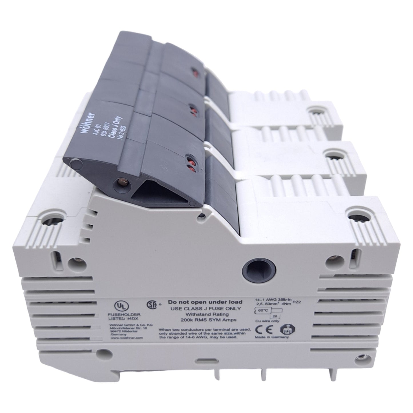 New – Open box Wohner 31925 Fuse Holder, Class J, 3-Pole, 60A, 110-600VAC/DC, DIN Rail