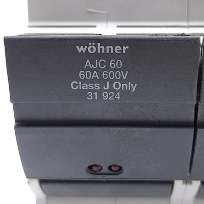 New – Open box Wohner 31924 Fuse Holder, Class J, 2-Pole, 60A, 110-600VAC/DC, DIN Rail