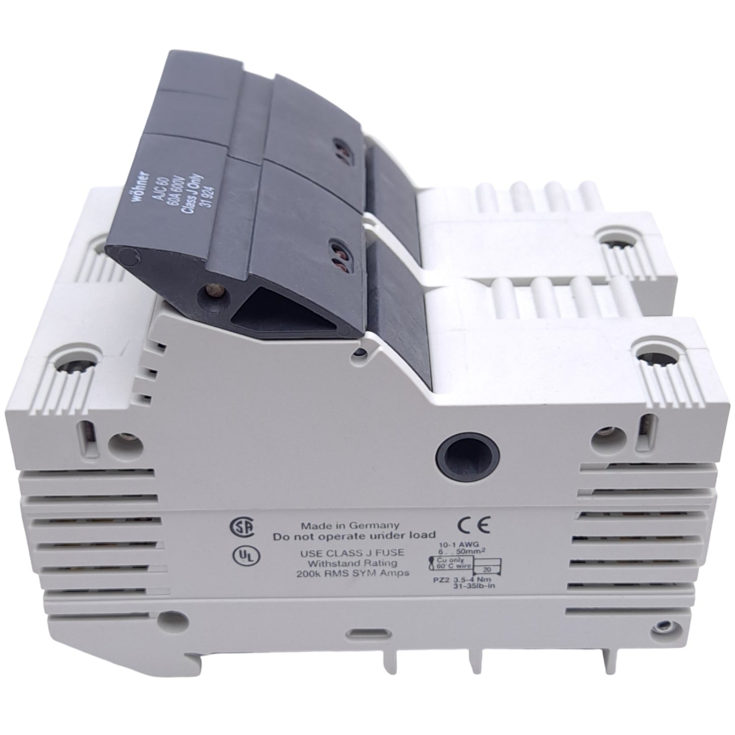 New – Open box Wohner 31924 Fuse Holder, Class J, 2-Pole, 60A, 110-600VAC/DC, DIN Rail
