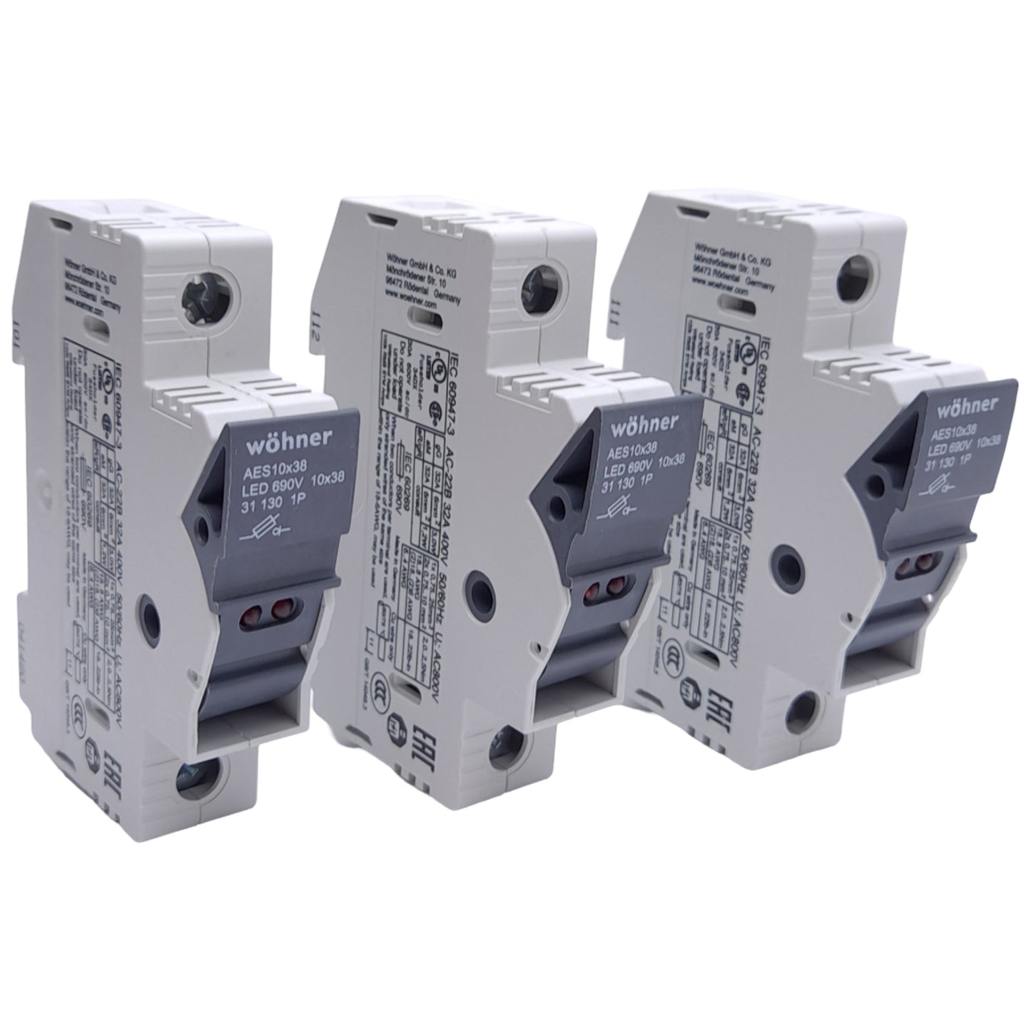 New – Open box Lot of 3 Wohner 31130 Fuse Holders, 10x38, 1-Pole, 32A, 110-690VAC/DC, DIN Rail