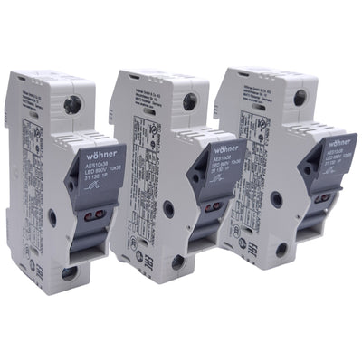 New – Open box Lot of 3 Wohner 31130 Fuse Holders, 10x38, 1-Pole, 32A, 110-690VAC/DC, DIN Rail