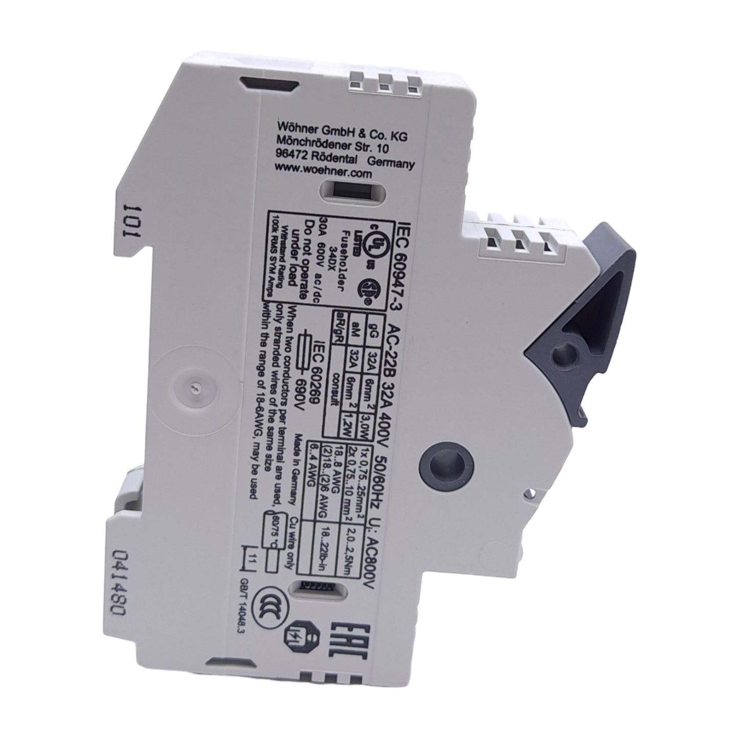 New – Open box Lot of 3 Wohner 31130 Fuse Holders, 10x38, 1-Pole, 32A, 110-690VAC/DC, DIN Rail