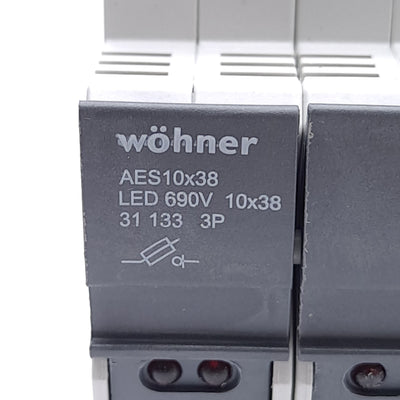 New – Open box Wohner 31133 Fuse Holder, 10x38, 3-Pole, 32A, 110-690VAC/DC, DIN Rail