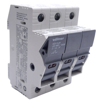 New – Open box Wohner 31133 Fuse Holder, 10x38, 3-Pole, 32A, 110-690VAC/DC, DIN Rail