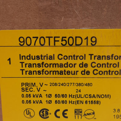 New Square D 9070TF50D19 Industrial Control Transformer 50VA, 480VAC Prim, 24VAC Sec