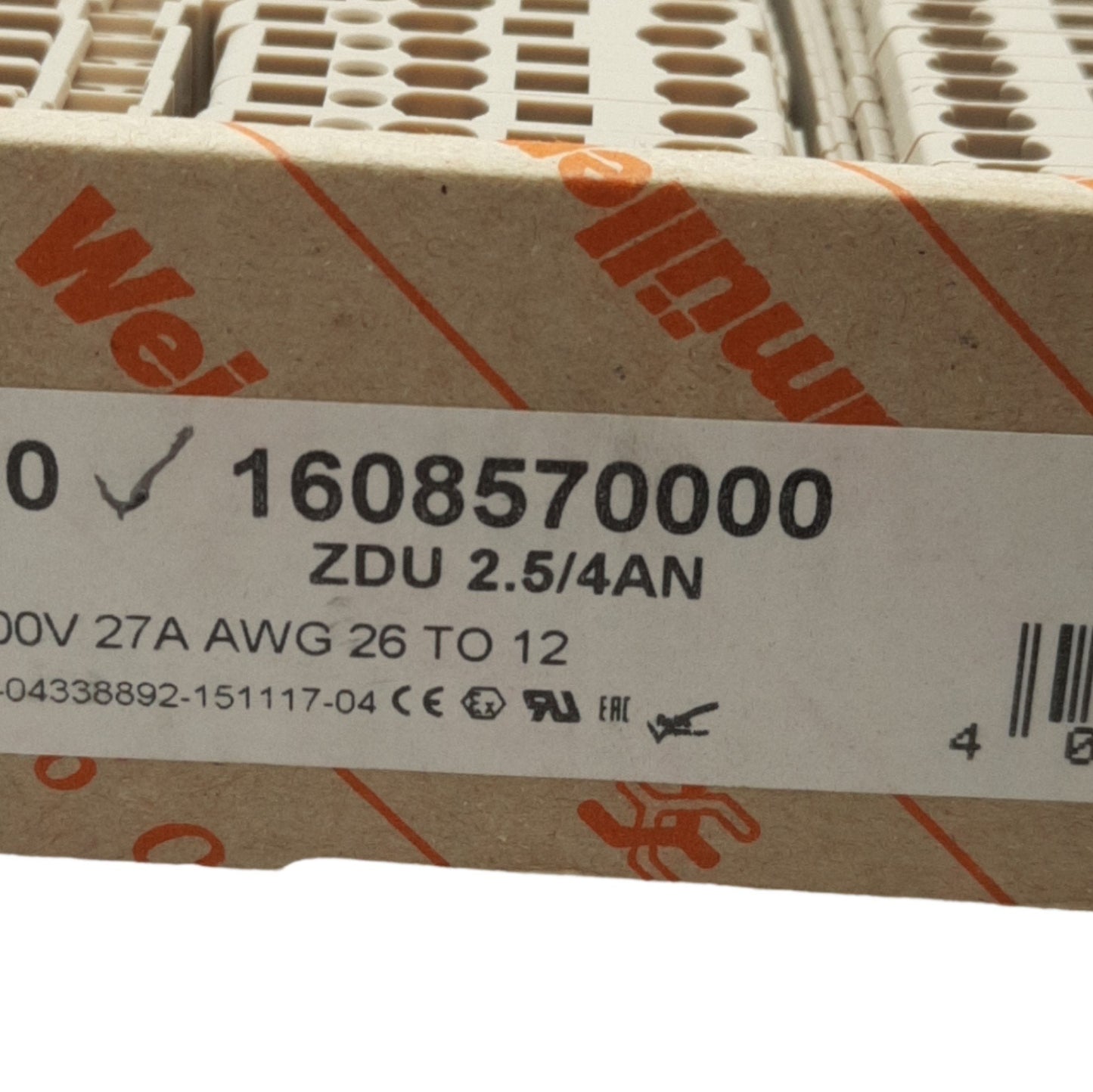 New Lot of 15 Weidmuller 1608570000 Feed Thru Terminal Blocks, 600V 27A, 4-Position