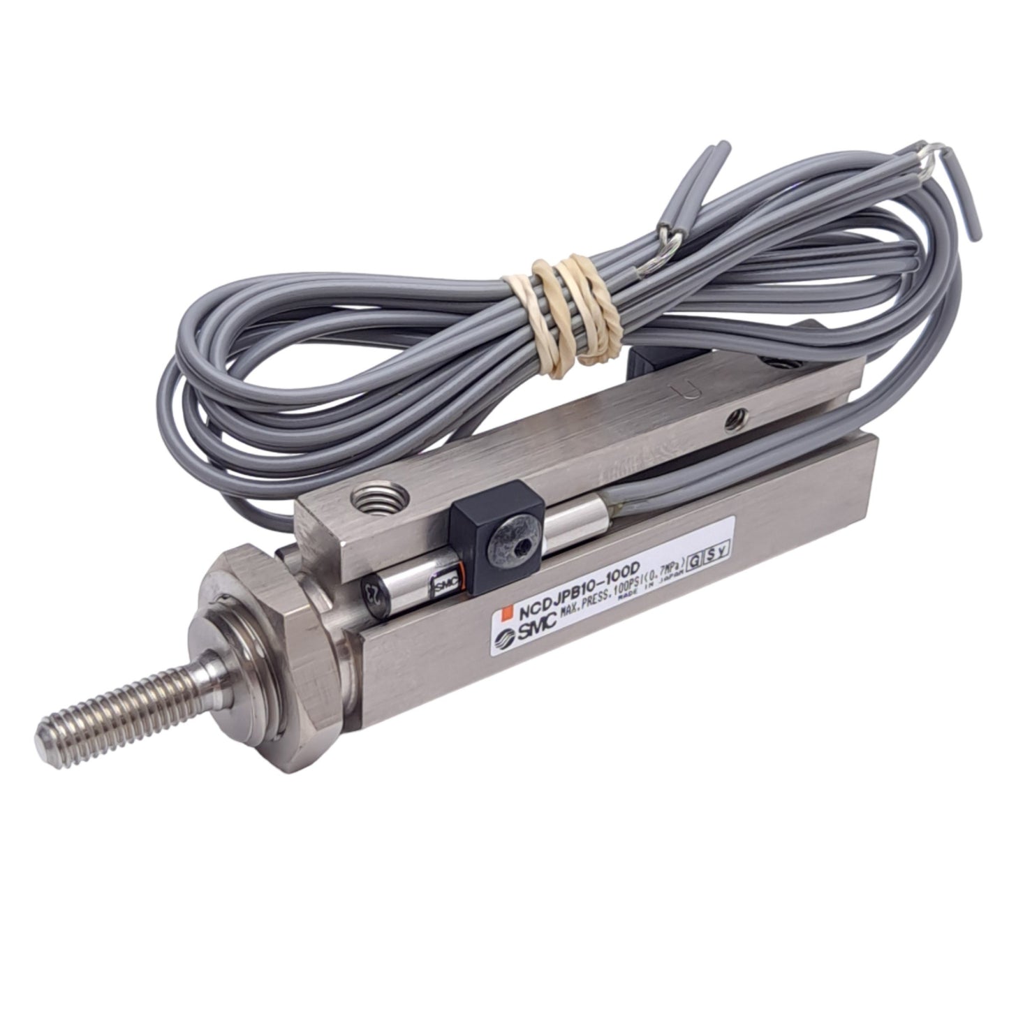 New – Open box SMC NCDJPB10-100D-90 Pin Cylinder, ø3/8in Bore, 1in Stroke, 100psi Max