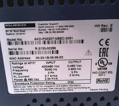 New Kollmorgen AKD-P00307-NBEC-0091 Servo Drive Input 3 Phase 400/480VAC 3A